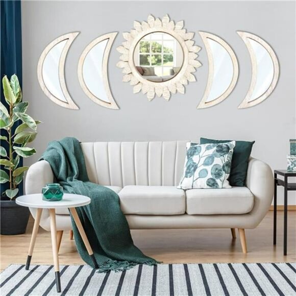 Moon Phase Mirror Wall Decor Set Boho Wood Acrylic Sunburst Bedroom Art 5PC - Picture 5 of 7